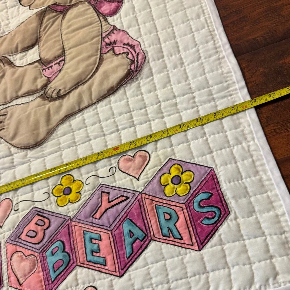 Vintage Nursery Baby 33x48 Quilted Blanket Teddy Bears I Love Bears Blocks White